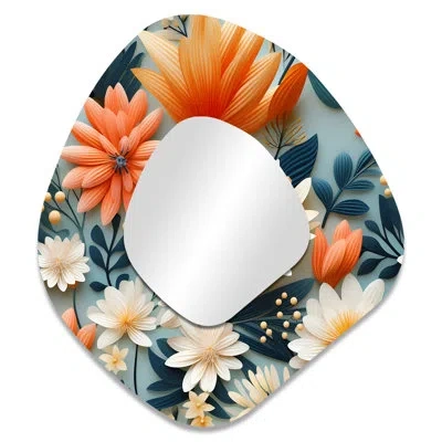 Design Art Warm Terracotta & Blue Floral Botanical Pattern I - Floral Irregular Shape Large Wall Mirror, Blue A