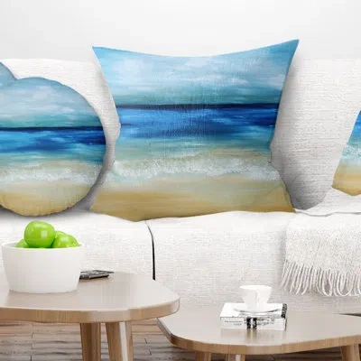 Design Art Warm Tropical Sea And Beach - Sea & Shore Printed Pillow In Yellow