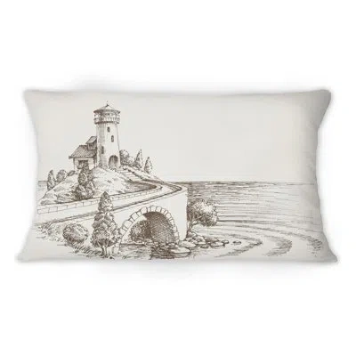Design Art Watch Tower By The Sea Shore In Black And White - Nautical & Coastal Printed Throw Pillow 12" X 20"