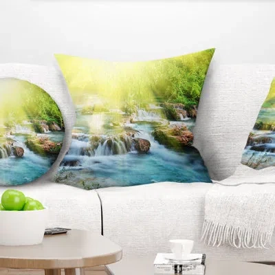 Design Art Water Cascade Under Shiny Sun - Sea & Shore Printed Pillow In Blue;black;brown;green;red;yellow