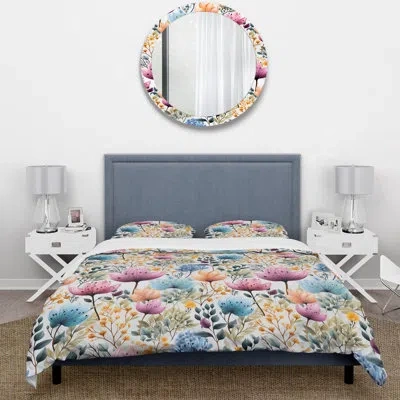 Design Art Watercolor Blue Foliage Botanical Pattern I - Botanical Duvet Cover Set - Microfiber Polyester In Blue;yellow;pink