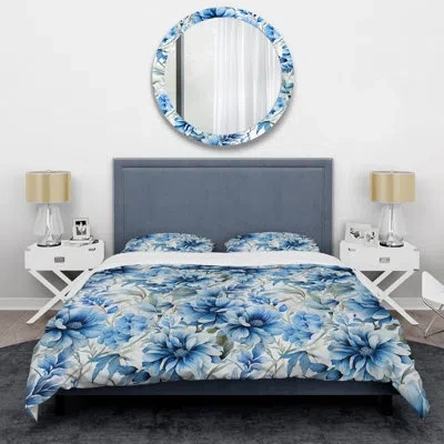 Design Art Watercolor Damask Dahlia Mirage - Floral Duvet Cover Set - Microfiber Polyester In Blue