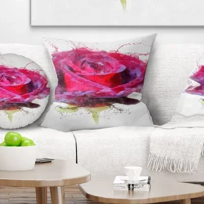 Design Art Watercolor Dark Red Rose Sketch - Floral Printed Pillow