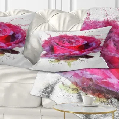 Design Art Watercolor Dark Red Rose Sketch - Floral Printed Throw Pillow