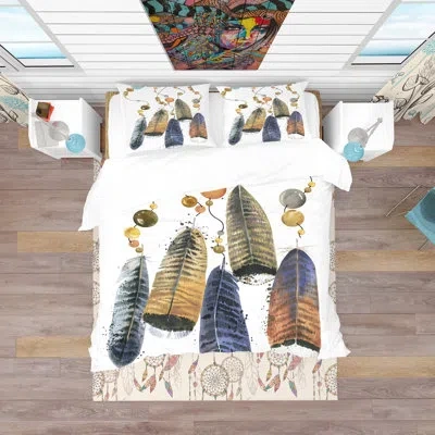 Design Art Watercolor Feathers Set. - Animal Duvet Cover Set - Microfiber Polyester In White