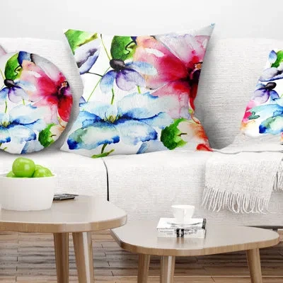 Design Art Watercolor Flowers Everywhere - Abstract Printed Pillow In Blue;red