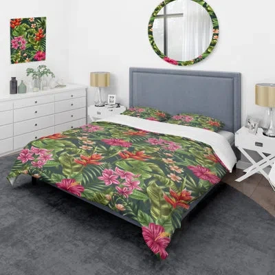 Design Art Watercolor Flowers Style - Floral Duvet Cover Set - Microfiber Polyester In Green,pink