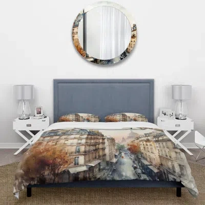 Design Art Watercolor Of Paris France I Beddingmicrofiber / Polyester Duvet Cover Set In Gray;beige