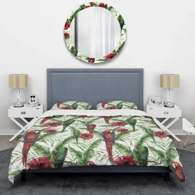 Design Art Watercolor Parrots - Animals Duvet Cover Set - Microfiber Polyester In Green,red