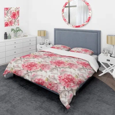 Design Art Watercolor Pink Flowers - Cabin & Lodge Duvet Cover Set In Red,gray