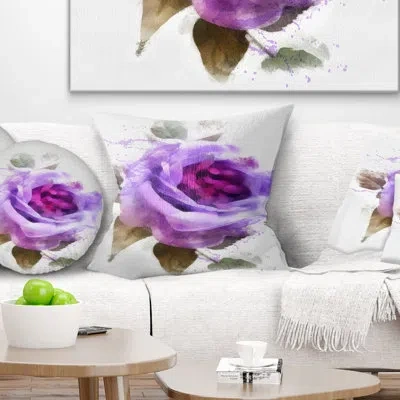 Design Art Watercolor Purple Rose With Leaves - Floral Printed Pillow