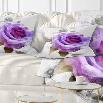 Design Art Watercolor Purple Rose With Leaves - Floral Printed Throw Pillow