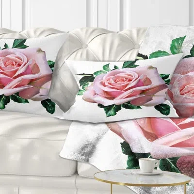 Design Art Watercolor Rose With Green Leaves - Floral Printed Throw Pillow