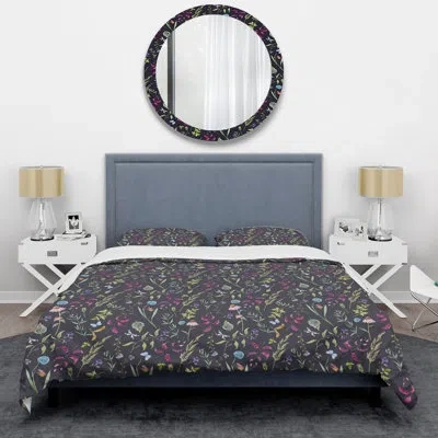 Design Art Watercolor Spring Floral - Floral Duvet Cover Set - Microfiber Polyester In Navy