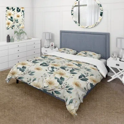 Design Art Watercolor Whimsy Beige Serenaded Gardens - Floral Duvet Cover Set In Green;beige