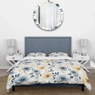 Design Art Watercolor Whimsy Blue Serenaded Gardens - Floral Duvet Cover Set In Blue;yellow
