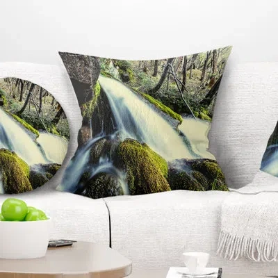 Design Art Waterfall In Forest On Rocks - Sea & Shore Printed Pillow In White;green