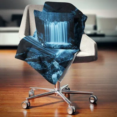 Design Art Waterfalls In Wood Black And White - Landscape Printed Pillow In Blue;white