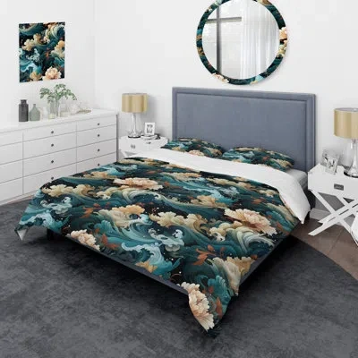 Design Art Waves And Flowers Japanese Pattern - Japanese Duvet Cover Set In Beige;teal