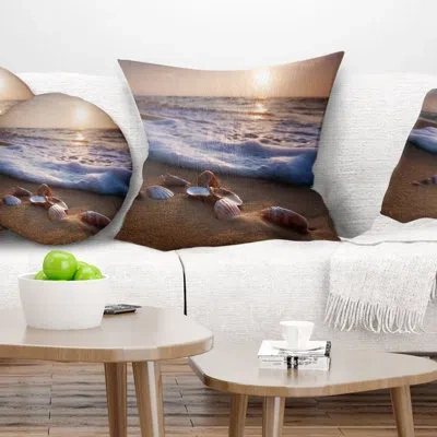 Design Art Waves Approaching Seashells On Sand - Sea & Shore Printed Pillow In Blue;white