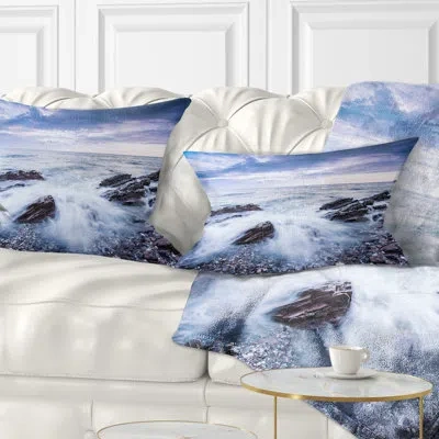 Design Art Waves Crashing At Beach - Sea & Shore Printed Throw Pillow In White