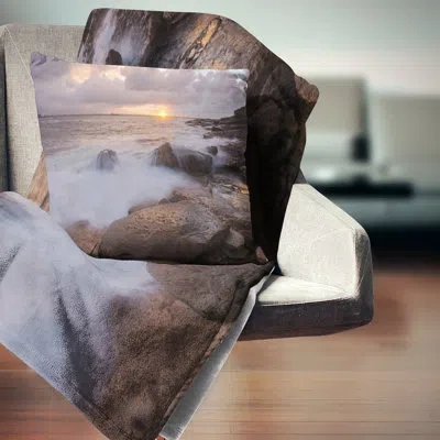 Design Art Waves Hitting Rocks In Australia Coastline - Sea & Shore Printed Throw Pillow In Blue;white