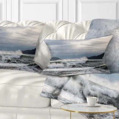 Design Art Waves In Lerici Beach Italy - Sea & Shore Printed Throw Pillow In White
