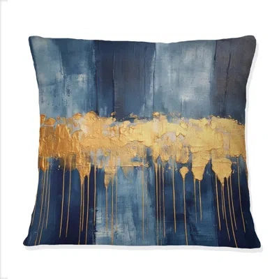 Design Art Waves Of Joy Minimal Nova Blue And Gold Ii - Abstract Painting Printed Throw Pillow In Blue;gold