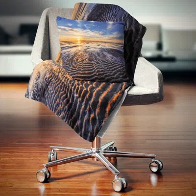 Design Art Waves On The Sand During Sunset - Sea & Shore Printed Pillow In Blue