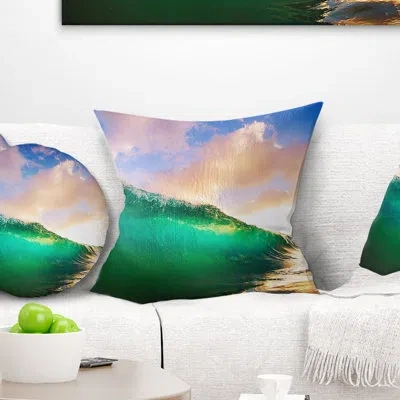 Design Art Waves Under Cloudy Sky - Sea & Shore Printed Pillow In Blue;green