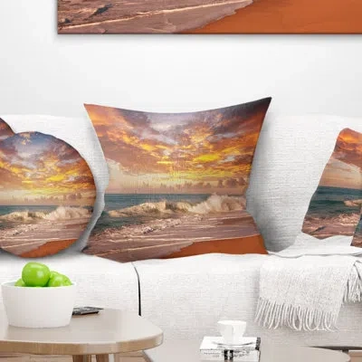 Design Art Waves Under Colorful Clouds - Sea & Shore Printed Pillow In Blue