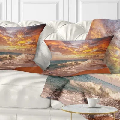 Design Art Waves Under Colorful Clouds - Sea & Shore Printed Throw Pillow