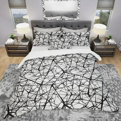 Design Art Web Pattern - Contemporary Geometric Duvet Cover Set - Microfiber Polyester In Black