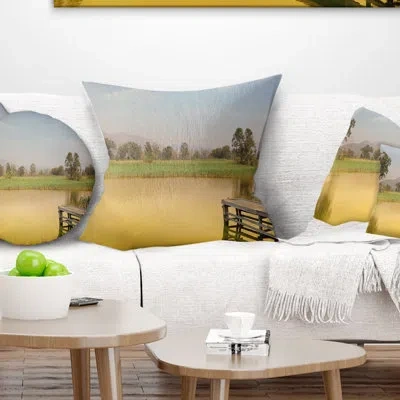 Design Art Wetland Of Nam Sang Wai Yellow - Sea & Shore Printed Pillow In Blue