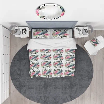 Design Art Whale And Roses - Floral Duvet Cover Set - Microfiber Polyester In White