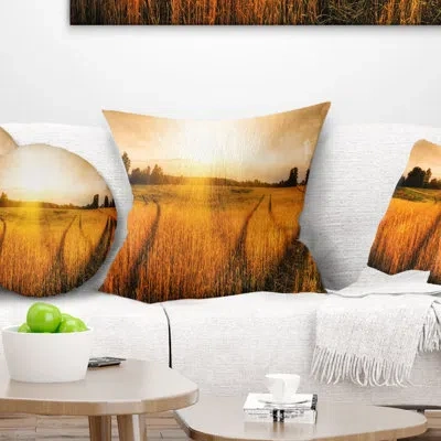 Design Art Wheat Field At Sunset Panorama - Landscape Printed Pillow In Brown;orange