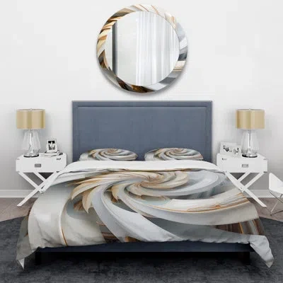 Design Art Whirling While Glam Fractals In Gold And White - Abstract Duvet Cover Set - Microfiber Polyester In White;gold
