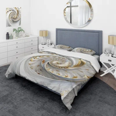 Design Art Whirling While Glam Fractals In Gold And White Iii - Fractals Comforter Set Of 4 In White;gold