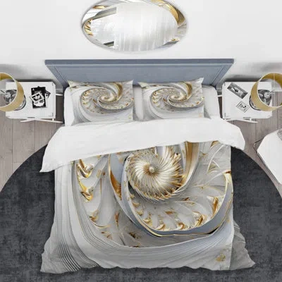 Design Art Whirling While Glam Fractals In Gold And White Iii - Fractals Duvet Cover Set - Microfiber Polyester In White;gold