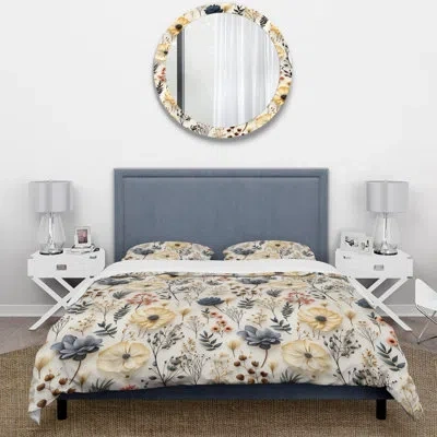 Design Art Whispering Flora Ii - Plants Duvet Cover Set - Microfiber Polyester In Blue;white