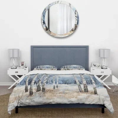 Design Art White And Blue Birch Wood In Winter - Floral Duvet Cover Set - Microfiber Polyester In Blue;white