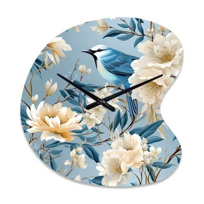 Design Art White And Blue Bird Floral Serenade Iv - Floral Irregular Shape Metal Wall Clock, Cottage Asymmetric