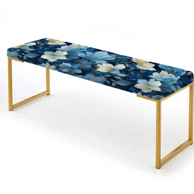 Design Art White And Blue Bliss Floral Pattern Iii - Floral Upholstered Gold Bench
