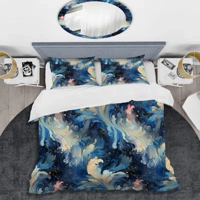 Design Art White And Blue Celestial Ikat Mirage - Abstract Duvet Cover Set In Blue;white