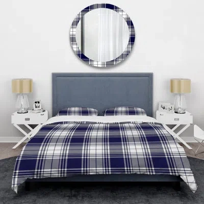 Design Art White And Blue Checked Tartan - Abstract Duvet Cover Set - Microfiber Polyester In Blue,white