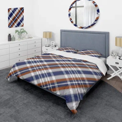Design Art White And Blue Checked Tartan - Abstract Duvet Cover Set - Microfiber Polyester In Brown,blue