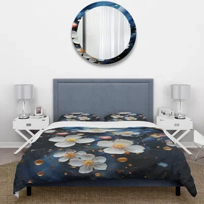 Design Art White And Blue Cherry Blossoms Flow I - Tree Cherry Blossom Duvet Cover Set In Blue;white