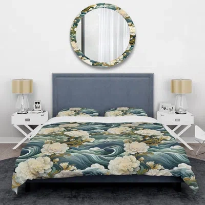 Design Art White And Blue Chrysanthemum Zen Tranquility - Floral Duvet Cover Set - Microfiber Polyester In White;green