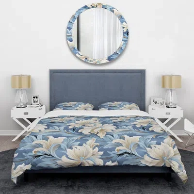 Design Art White And Blue Damask Flowering Ii Blue/beige Microfiber Duvet Cover Set In Blue;beige