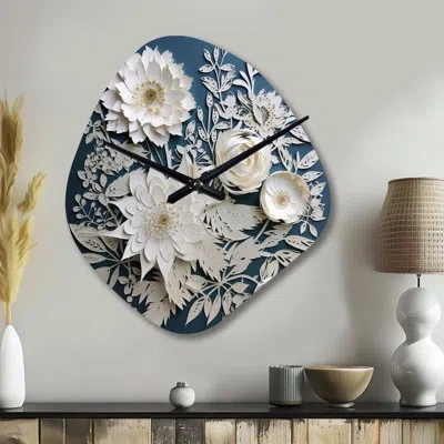 Design Art White And Blue Flowers Bouquet Elegance - Bouquet Unique Shape Metal Wall Clock, Traditional Asymmet In Blue;white
